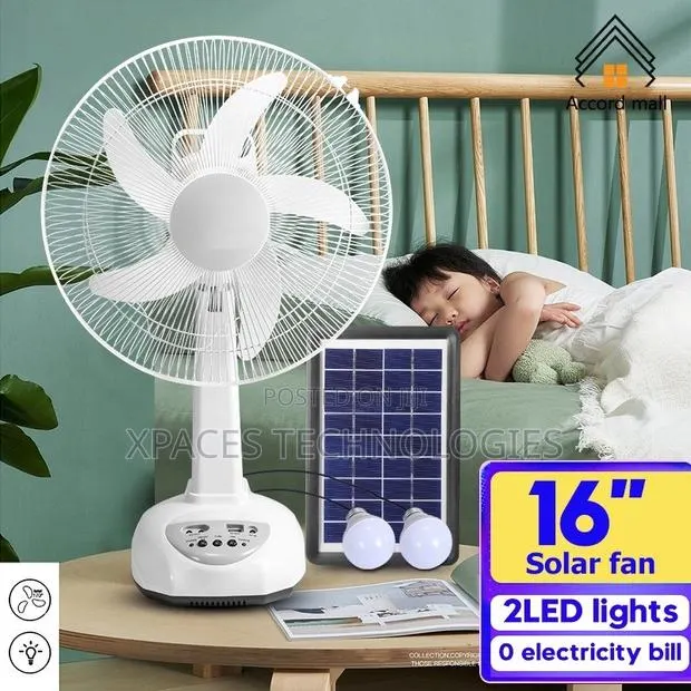 Portable Stand Solar Rechargeable Table Fan With 2 LED Bulbs , 16inch · Photo 1