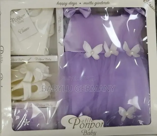 Purple and White Baby Dress Set With Shoes, Onesie and Headband · Photo 1