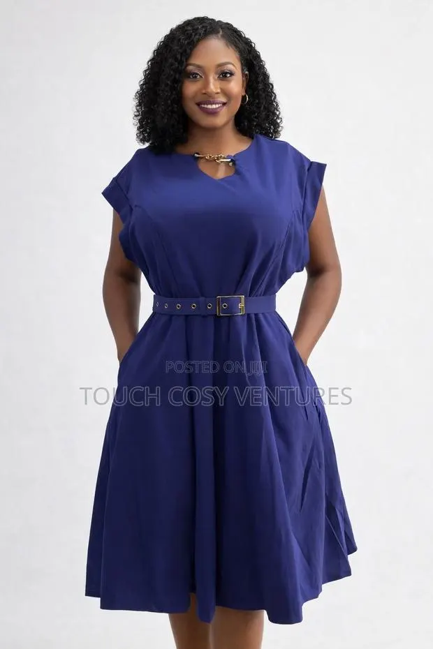 Elegant Navy Blue Belted Midi Dress · Photo 1