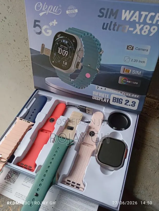 Ultra-X89 Smart Watch With Sim Slot and Camera + 6 Straps - Pink · Photo 1