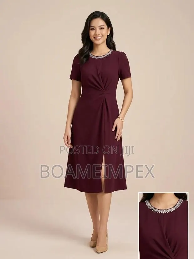 Women’s Neckline Twist-Front Midi Dress – Elegant Plum / Wine Red · Photo 1