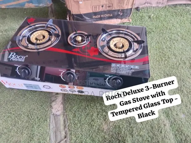 Roch Deluxe 3-Burner Gas Stove With Tempered Glass Top – Black Quality · Photo 1