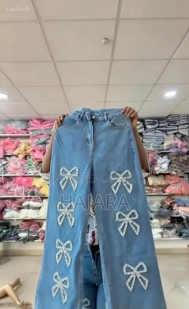 Denim Wide Leg Pants With Row Rhinestones · Photo 1