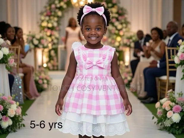 Pink Check Bow Party Dress With Lace Trim · Photo 1
