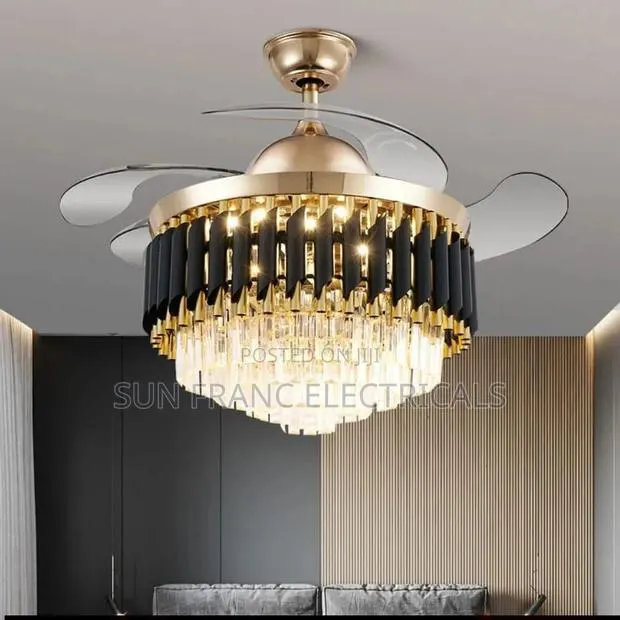 Modern Retractable Blade Crystalchandelier Ceiling Fan Gold and Black · Photo 1