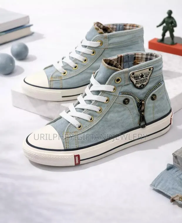Kids Light Wash Denim High-Top Sneakers – Moto/Rockstar Style · Photo 1