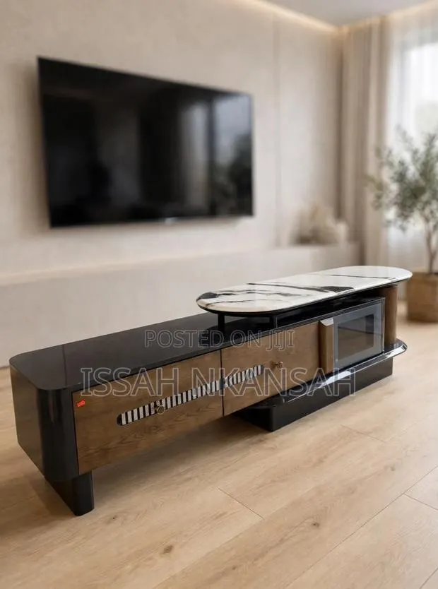 Black + Brown Wood TV Stand · Photo 1