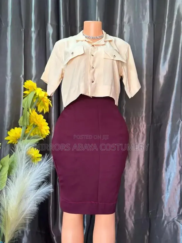 Beige Crop Shirt Burgundy Pencil Skirt · Photo 1