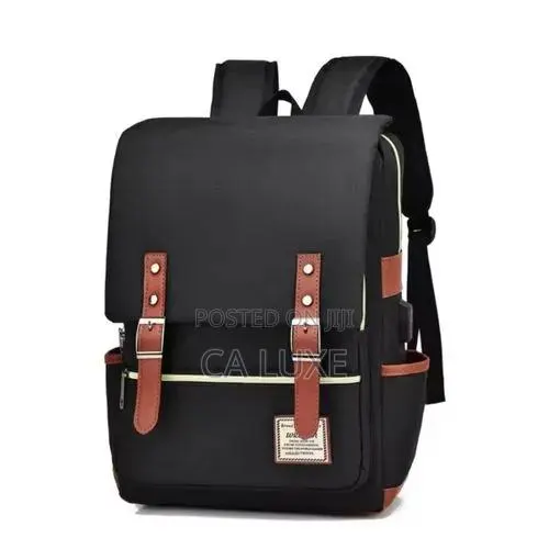 Black Vintage-Style Canvas Laptop Backpack With Brown Leather · Photo 1