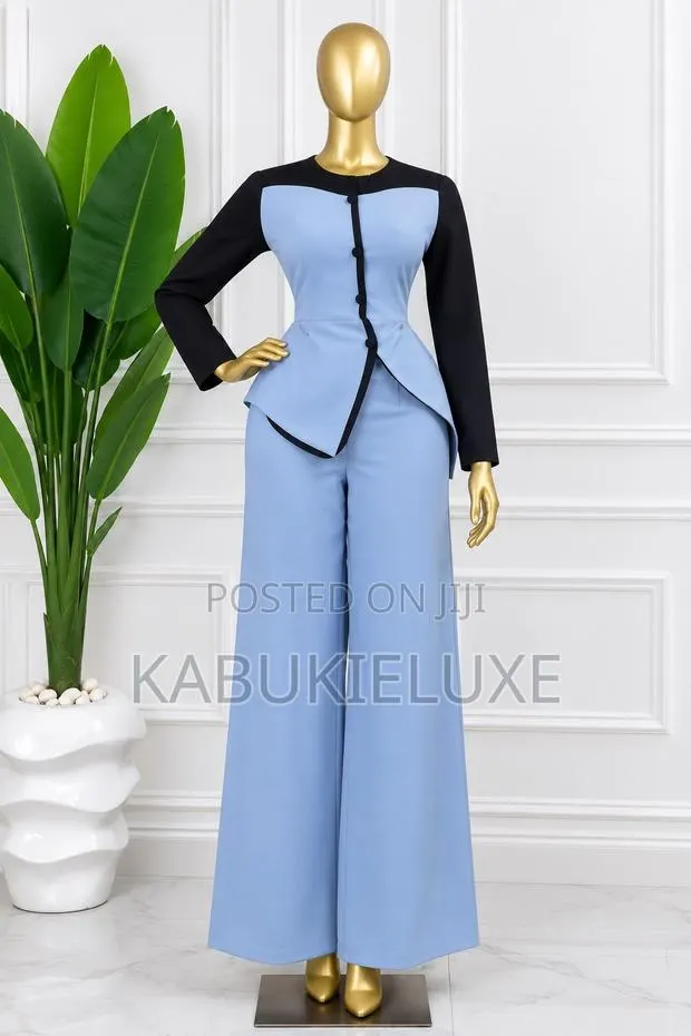 Women’s Elegant Blue Wide-Leg Trousers and Asymmetrical Top Set · Photo 1