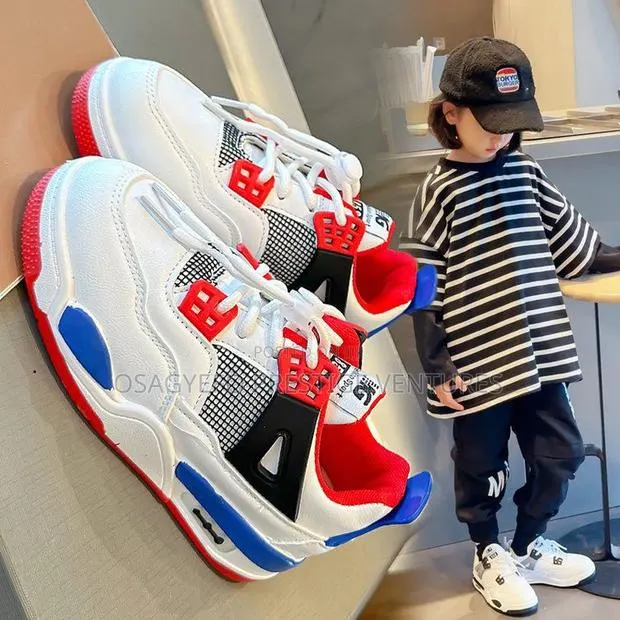 Kids’ Jordan 4-Inspired Sneakers – White/Red/Blue · Photo 2