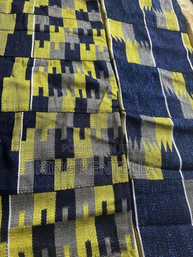 Rayon Kente . Affordable Luxury in Blueback , Yellow and Grey. 4 Yards · Photo 1