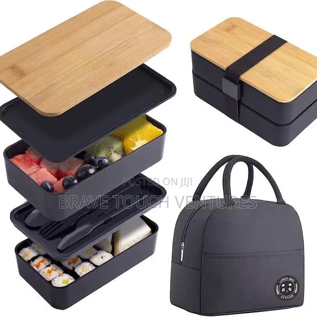 Double Layer Lunch Box With Cutlery Set and Bag Wooden Lid · Photo 1