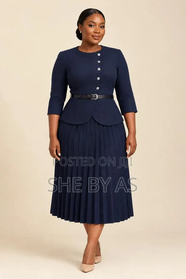 She by AS Elegant Navy Blue Corporate Pleated Dress Set With Belt · Photo 1