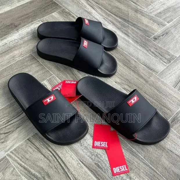 Black Diesel Pool Slides Red and White "D" Logo on the Upper Strap · Photo 1