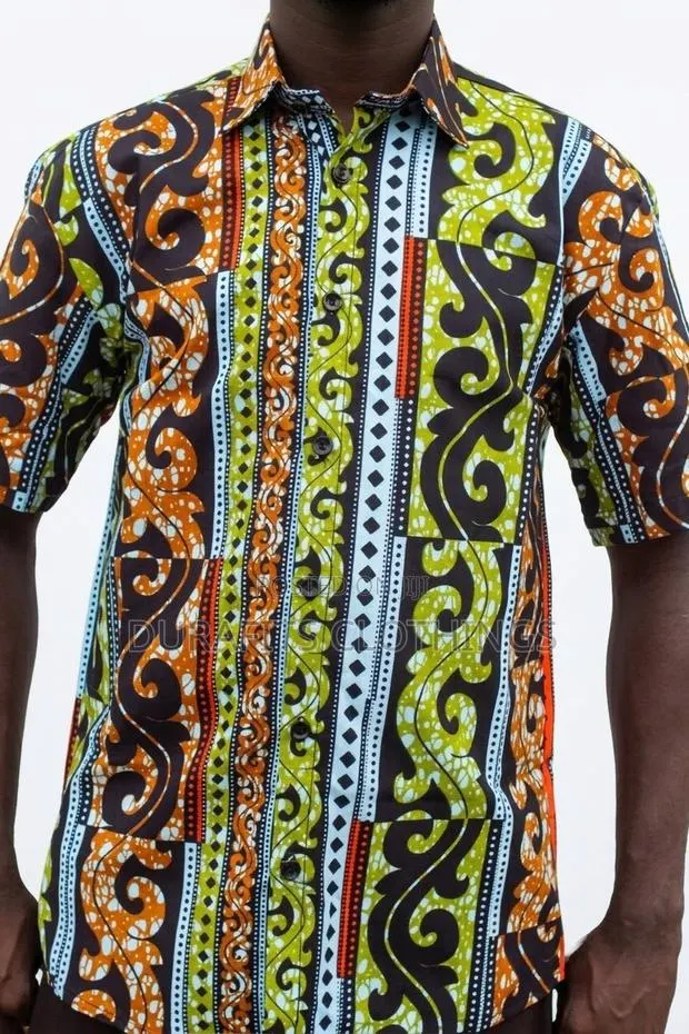 Men’s Olive & Orange Scroll African Print Shirt · Photo 1