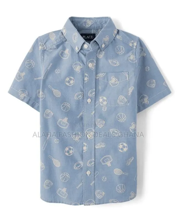 Boys Doodle Poplin Button Up Shirt - Blue · Photo 1