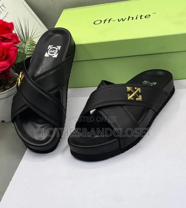 Black Leather Criss-Cross Slide Sandals Featuring Gold-Tone Off-White