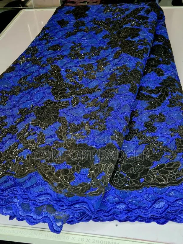 Royal Blue Lace With Floral Velvet Embellishments and Sequin Attached · Photo 1