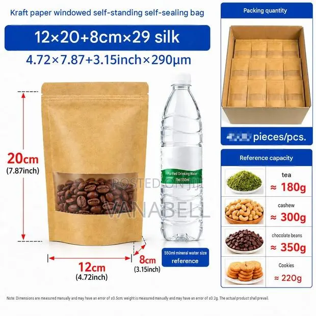 50pcs Kraft Paper Storage Bags With Matte Window – Stand Up Design · Photo 2