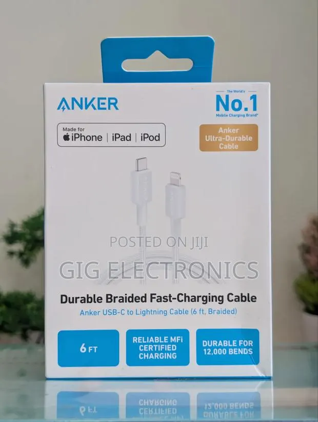 Anker 322 A81B6H21 USB C to Lightning Cable 6ft Braided - White · Photo 1