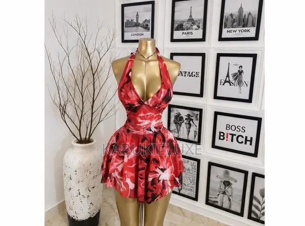 Women’s Red Floral Halter Mini Mesh Dress · Photo 1