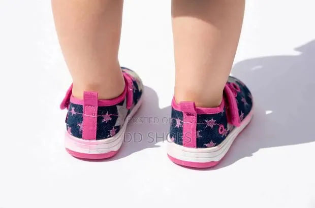 Navy Denim Star Print T-Bar Baby Shoes With Pink Velcro Strap · Photo 2