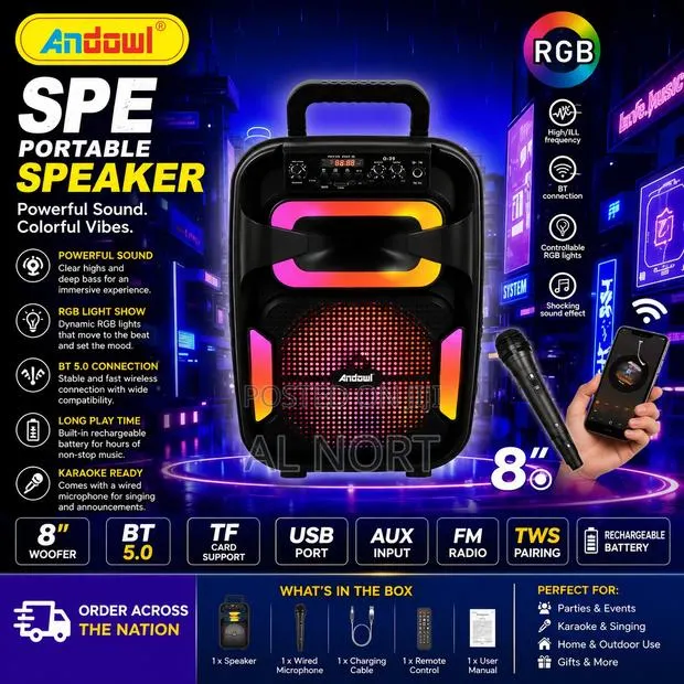 Andowl 8-Inch Portable Bluetooth Speaker – RGB – Black · Photo 1