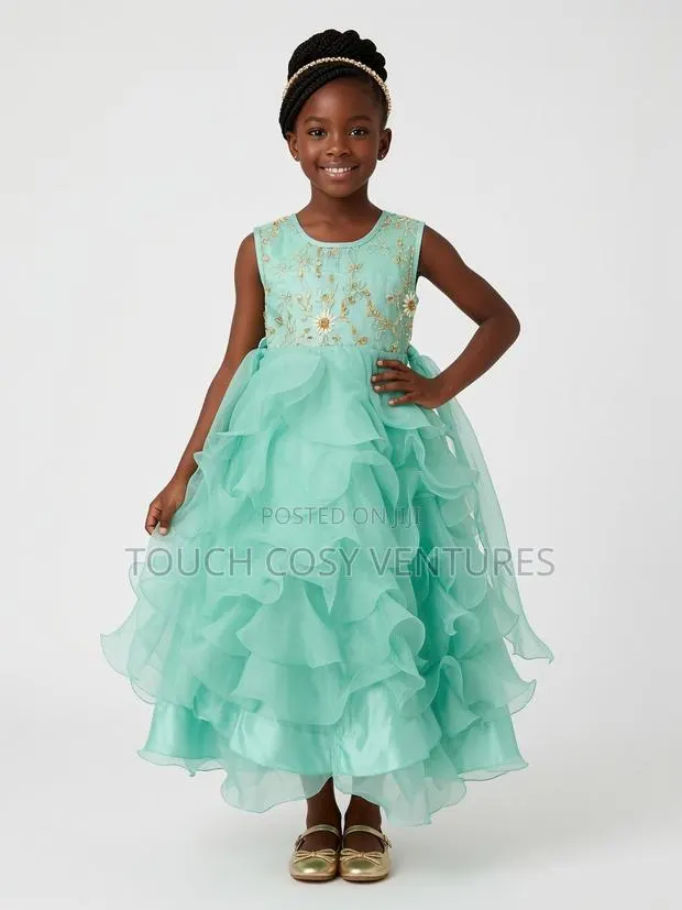 Mint Gold Embellished Ruffle Party Dress- 7-8 Years · Photo 1