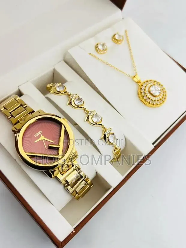 Fendi Gold Watch Necklace Bracelet Earrings Valentine Gift Set Package · Photo 1