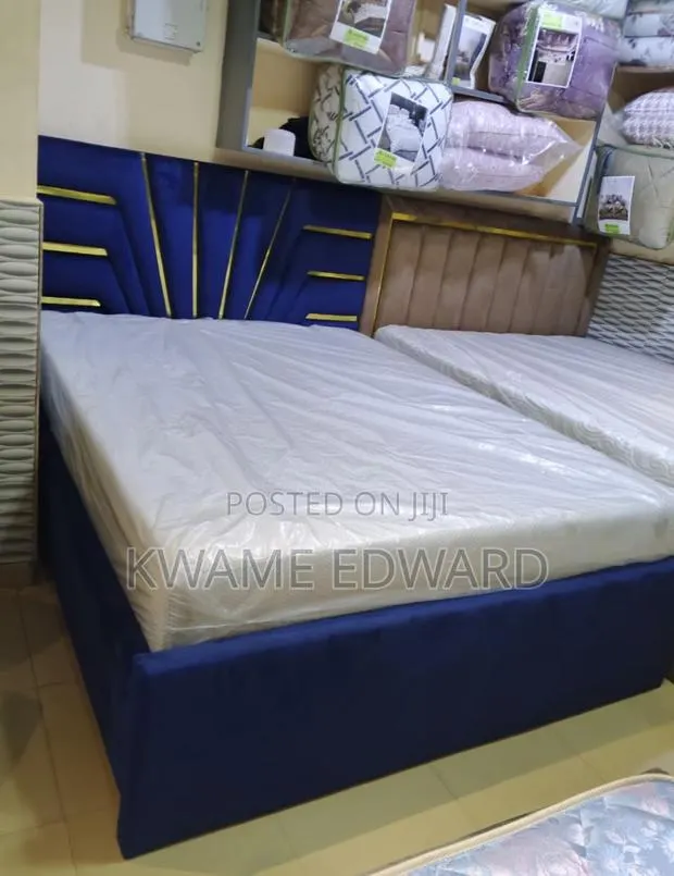 Blue Color Queen Size Bed With Gold Design and Mattress · Photo 1