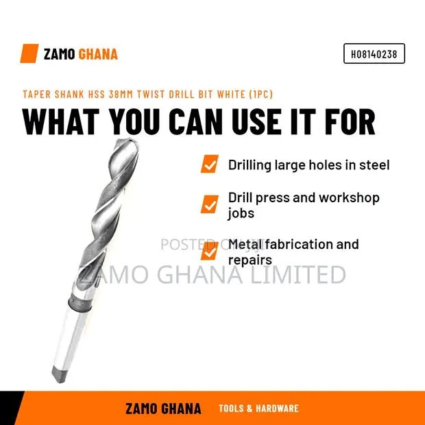 Taper Shank HSS 38Mm Twist Drill Bit White (1Pc) - H · Photo 1