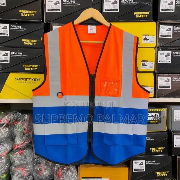 Orange & Blue High Visibility Safety Vest With Zip & Utility Pockets · Photo 1