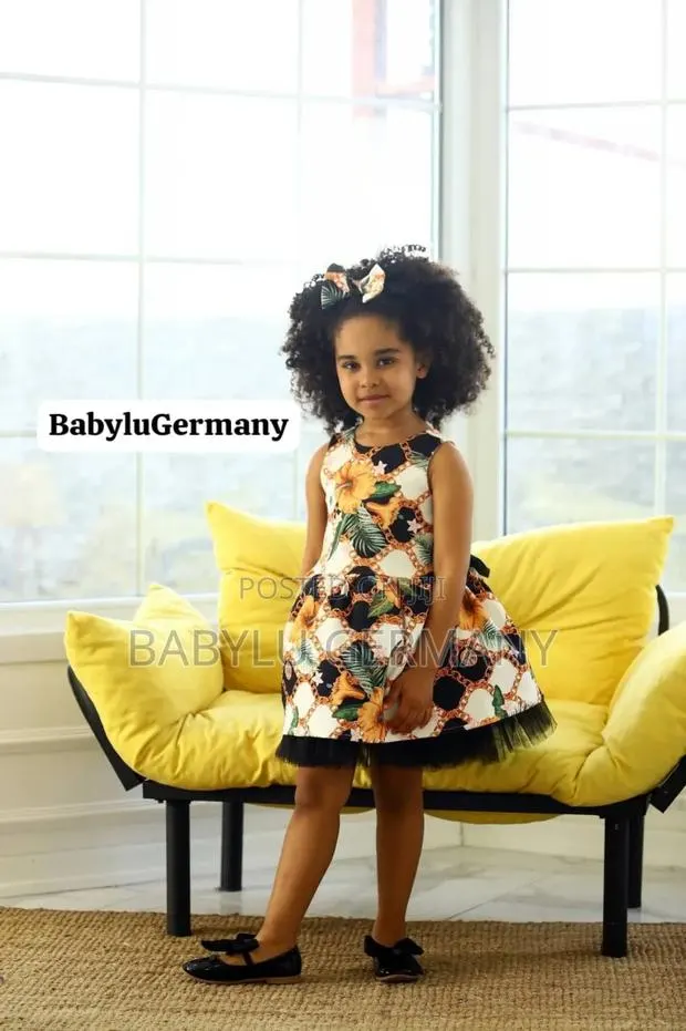 Luxury Turkey Flower Printed Yellow / Black Girl's Dress · Photo 1