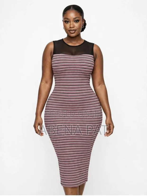 Pink & Black Striped Bodycon Dress - Sleeveless Mesh Detail · Photo 1