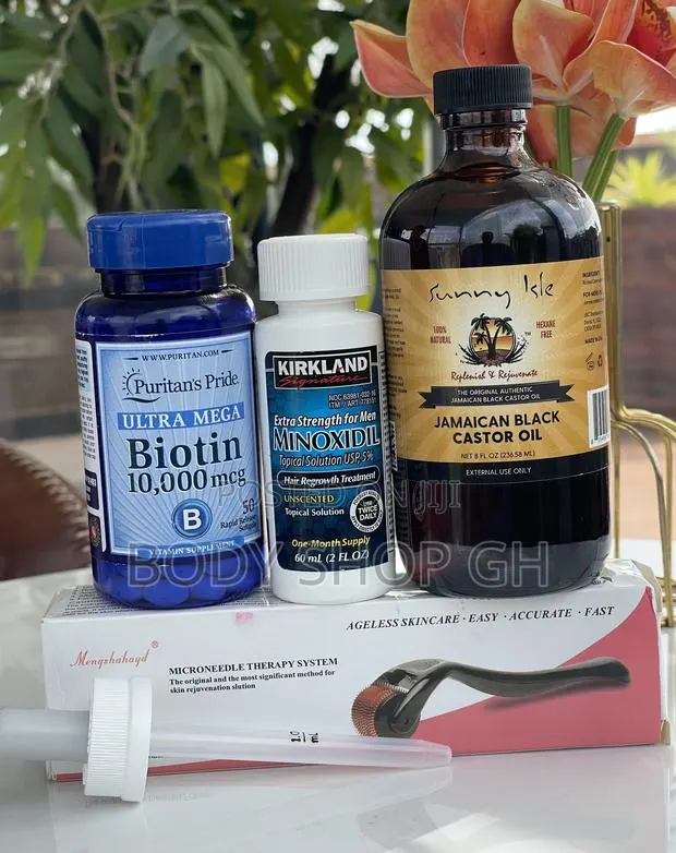 Beard Growth Combo Pack- Kirkland + Roller + Biotin + Castor · Photo 1