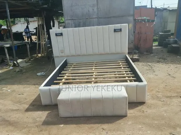 Queen Size Bed Frame Cream Color With Gold Design