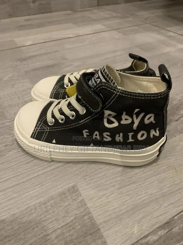 Kids Black White High-Top Sneakers – Velcro Lace Up Canvas Shoes · Photo 1