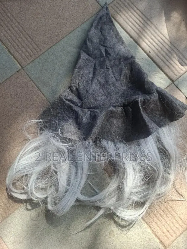 Wizard Sorcerer Grey Felt Pointed Cone Hat W Attached Synthetic Hair · Photo 1