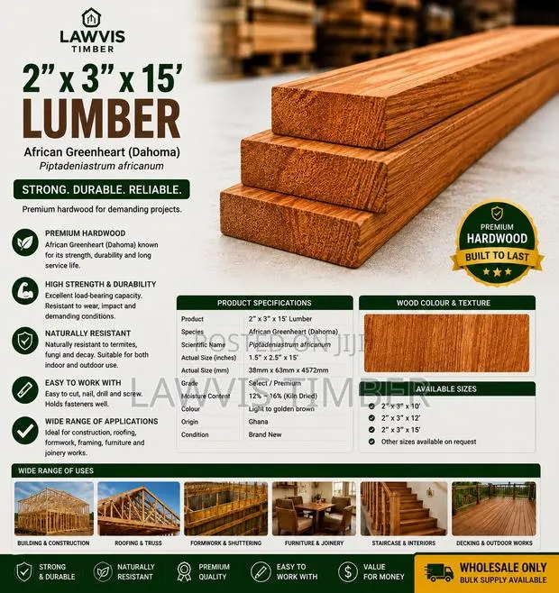 2” × 3” × 15’ Dahoma Lumber | Premium African Greenheart Hardwood · Photo 1