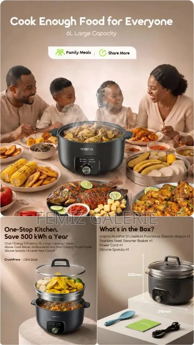 Oraimo MultiPot S1 Lite 6L Electric Cooking Pot With Steamer · Photo 1