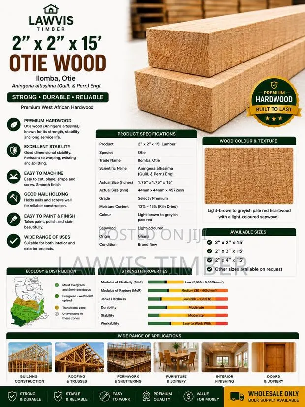 Premium Otie Wood 2” × 2” × 15ft (Aningeria Altissima) · Photo 1
