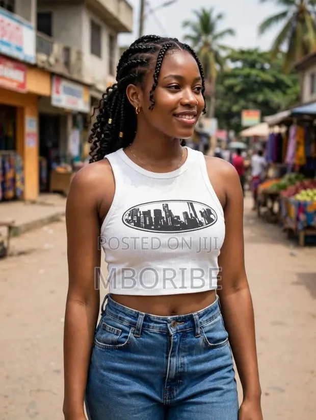 White Ribbed Crop Top - City Skyline · Photo 1