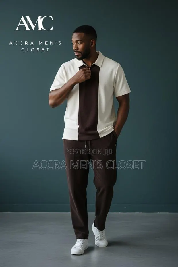 Men's 2-Piece Casual Set - V-Neck, Colour Block Polo Trouser Sets · Photo 1