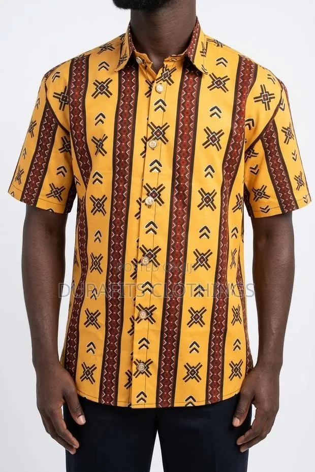 Men’s Mustard Yellow Tribal African Print Short-Sleeve Shirt · Photo 1