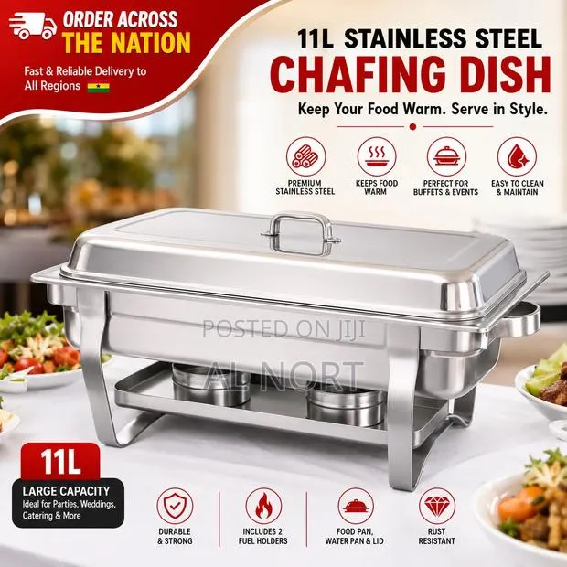11L Stainless Steel Chafing Dish – Rectangular – Silver · Photo 1