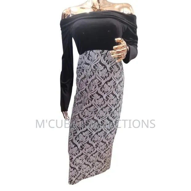 Off-Shoulder Velvet Jacquard Dress · Photo 1