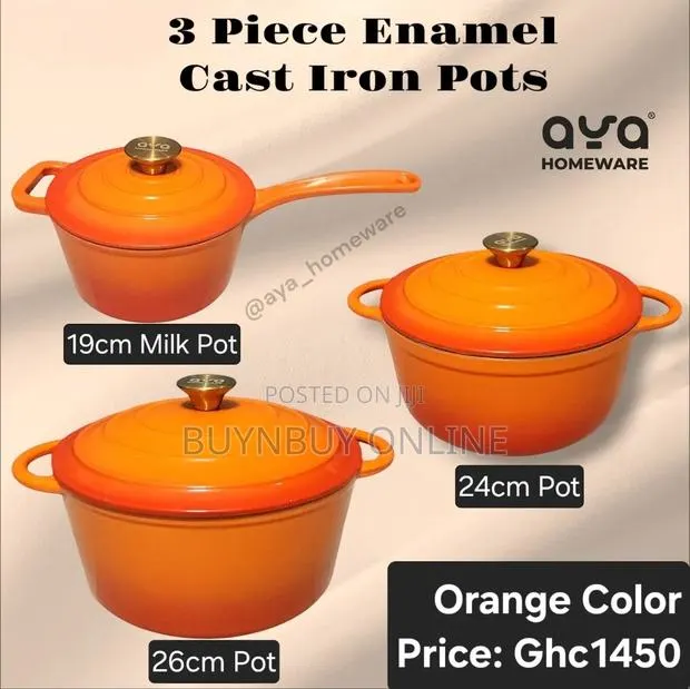 3 Piece Orange Enamel Cast Iron Cookware Set · Photo 1