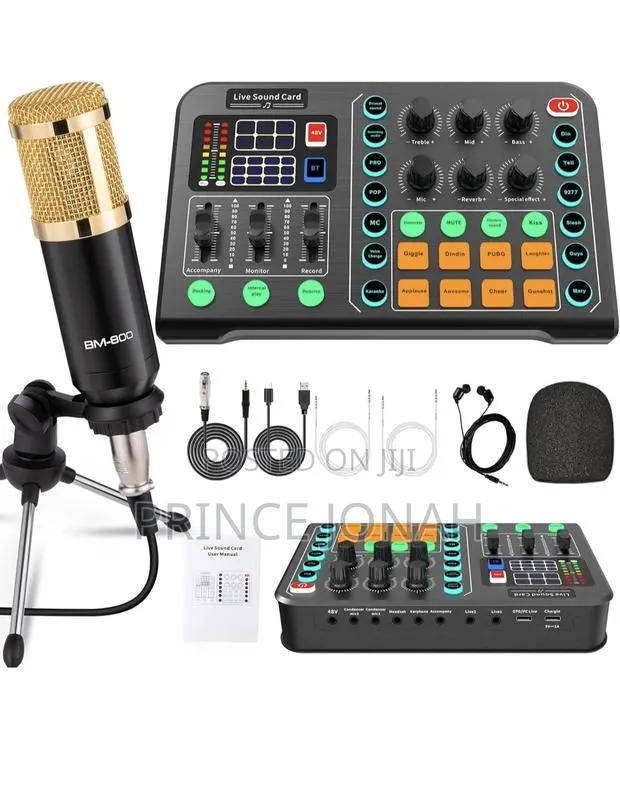 Podcast Equipment Bundle,Condenser Mic, Tripod Stand Audio Mixer Card · Photo 1
