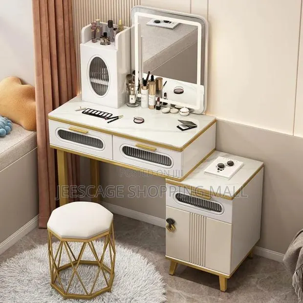 Modern White & Gold Vanity Dressing Table Set Mirror With Stool · Photo 1